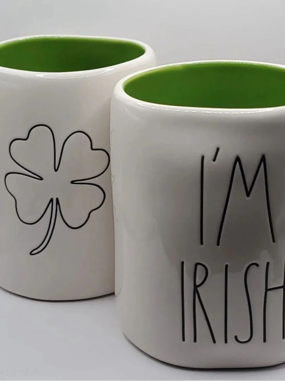 Rae Dunn Double Sided White Mug with Green Interior I'M IRISH And Shamrock